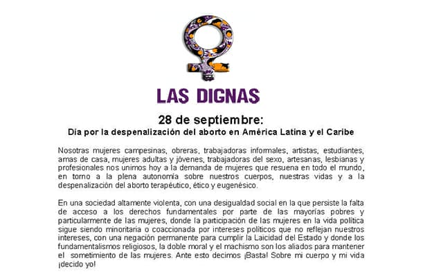 28 DE SEPTIEMBRE: DÍA POR LA DESPENALIZACIÓN DEL ABORTO EN AMÉRICA LATINA Y EL CARIBE | COMUNICADO 28SEPT 2014