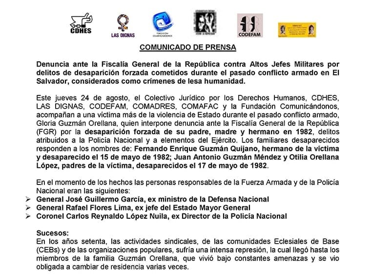 Denuncia ante la Fiscalía General de la República contra Altos Jefes Militares por delitos de desaparición forzada cometidos durante el pasado conflicto armado en El Salvador, considerados como crímenes de lesa humanidad | 24.08.17